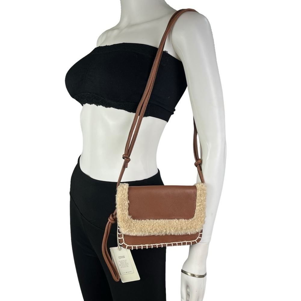 Lucky Brand Jiah Genuine Leather Shearling Crossbody Bag Whipstitch Boho Brown